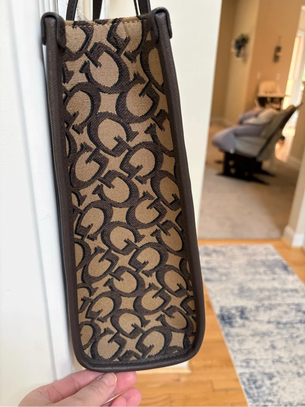 GUESS Brown Logo Jacquard Tote with Dark Brown Trim